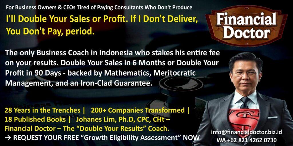 Dr. Johanes Lim, financial doctor business consultant, no result no pay contingency coaching, double sales in 6 months, double profit in 90 days, guaranteed results business coach, business coach Indonesia